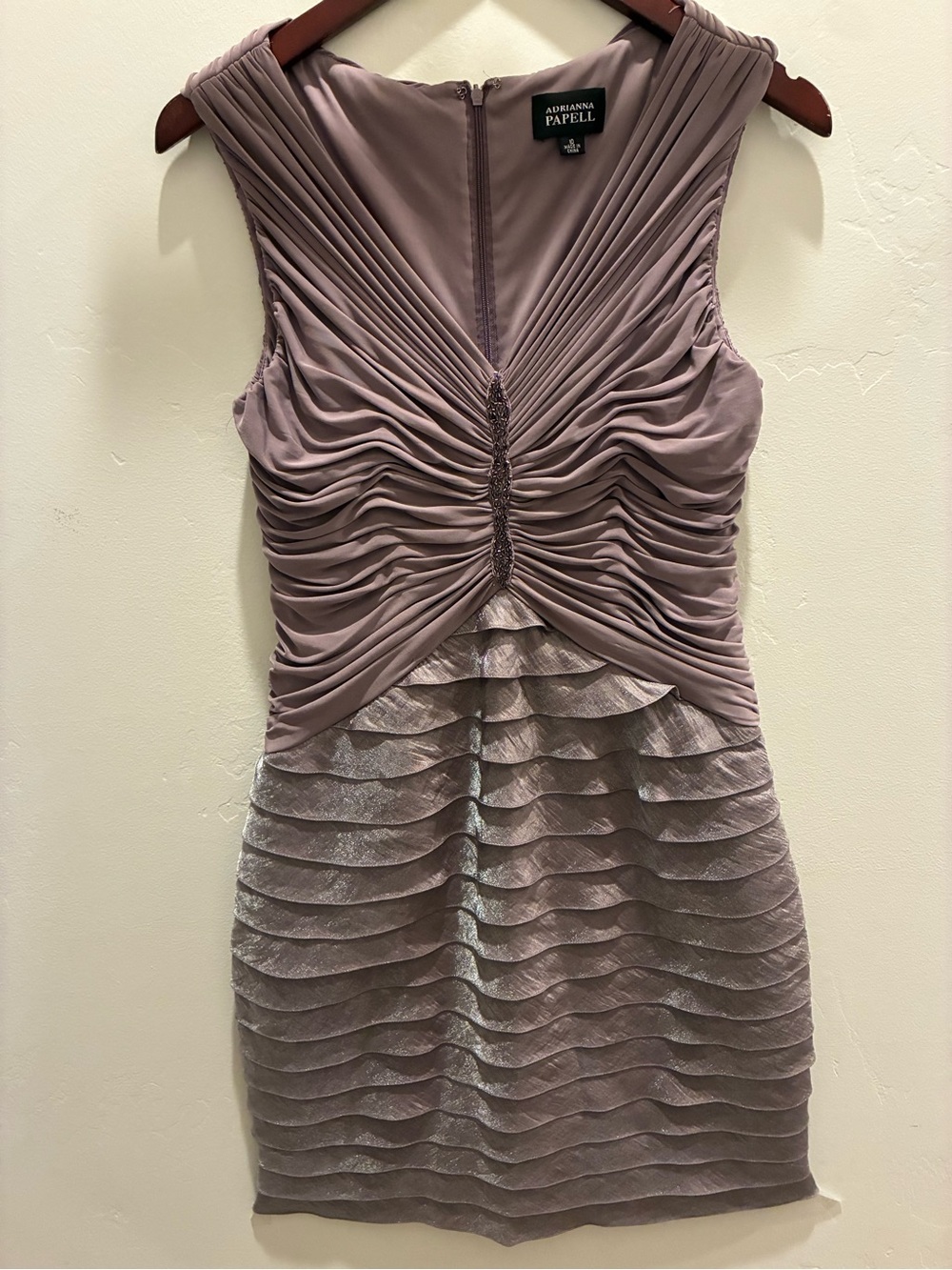 Adrianna Papell Dusty Mauve Ruched & Layered Cocktail Dress